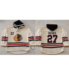 Men Chicago Blackhawks 27 Jeremy Roenick Cream Heavyweight Pullover Hoodie Stitched NHL Jersey