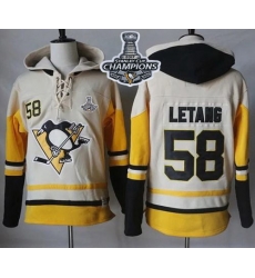 Men Pittsburgh Penguins 58 Kris Letang Cream Gold Sawyer Hooded Sweatshirt 2017 Stanley Cup Finals Champions Stitched NHL Jersey