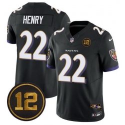 Men Baltimore Ravens 22 Derrick Henry Black 2025 F U S E  Jacoby Jones Patch Vapor Limited Football Jersey