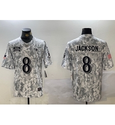 Men Baltimore Ravens 8 Lamar Jackson 2024 F U S E Arctic Camo Salute To Service Limited Stitched Football Jersey