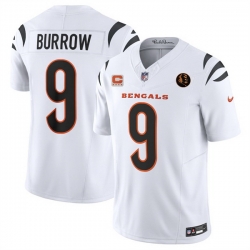 Men Cincinnati Bengals 9 Joe Burrow White 2023 F U S E  With 4 star C Patch And John Madden Patch Vapor Limited Stitched Football Jersey