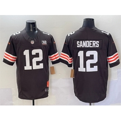 Men Cleveland Browns 12 Shedeur Sanders Brown 2025 Draft F U S E  With Jim Brown Memorial  26 Home Patch Vapor Limited Stitched Football Jersey