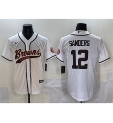 Men Cleveland Browns 12 Shedeur Sanders White With Patch Cool Base Stitched Baseball Jersey Men Cleveland Browns 12 Shedeur Sanders White With Patch Cool Base Stitched Baseball Jersey
