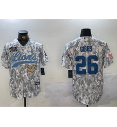 Men Detroit Lions 26 Jahmyr Gibbs 2024 Arctic Camo Salute To Service Stitched Baseball Jersey 2