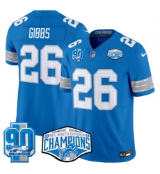 Men Detroit Lions 26 Jahmyr Gibbs Blue 2024 NFC North Champions 90th Anniversary Patch F U S E  Vapor Limited Stitched Jersey