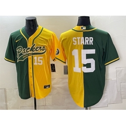Men Green Bay Packers  15 Bart Starr Green Gold Split Cool Base Stitched Baseball Jersey