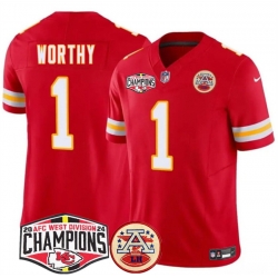 Men Kansas City Chiefs 1 Xavier Worthy Red F U S E  2024 AFC West Division Champions Vapor Limited Stitched Football Jersey