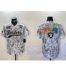 Men Las Vegas Raiders Team Big Logo 2024 Arctic Camo Salute To Service With 65th Anniversary Patch Stitched Baseball Jersey 2 Men Las Vegas Raiders Team Big Logo 2024 Arctic Camo Salute To Service With 65th Anniversary Patch Stitched Baseball Jersey 2