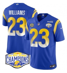 Men Los Angeles Rams 23 Kyren Williams Blue 2024 NFC West Champions With 4 Star C Patch F U S E  Vapor Untouchable Stitched Football Jersey