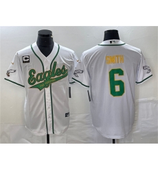 Men Philadelphia Eagles 6 DeVonta Smith White Gold With C Patch Cool Base Stitched Baseball Jersey