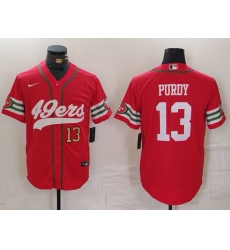 Men San Francisco 49ers 13 Brock Purdy Red With Patch Cool Base Stitched Baseball Jersey 1