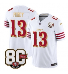 Men San Francisco 49ers  13 Brock Purdy White Gold 80th Anniversary Patch  Rivalries  2026 F U S E  Vapor Untouchabl Limited Stitched Football Jersey