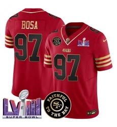Men San Francisco 49ers 97 Nick Bosa Red 2025 F U S E  Faithful  26 Super Bowl LVIII Patch Vapor Limited Stitched Football Jersey
