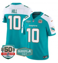 Men Miami Dolphins 10 Tyreek Hill Aqua F U S E With 347 Shula Patch And 50th Perfect Season Patch Vapor Limited Stitched Football Jersey