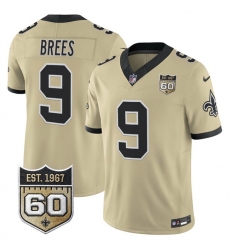Men New Orleans Saints  9 Drew Brees Gold 2026 F U S E 60th Anniversary Patch Vapor Limited Football Stitched Jersey