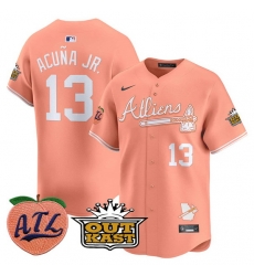 Men Atlanta Braves 13 Ronald Acu F1a Jr  Peach 2024 Atliens  26 Peach With Outkast Patch Vapor Limited Stitched Baseball Jersey