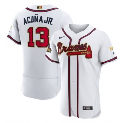 Men Atlanta Braves 13 Ronald  Acuna Jr 2022 White Gold World Series Champions Program Flex Base Stitched Baseball jersey