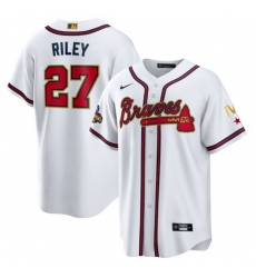 Men Atlanta Braves 27 Austin Riley 2022 White Gold World Series Champions Program Cool Base Stitched Baseball jersey