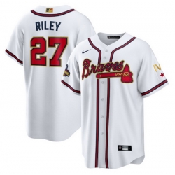 Men Atlanta Braves 27 Austin Riley 2022 White Gold World Series Champions Program Cool Base Stitched Baseball jersey