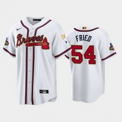 Men Atlanta Braves 54 Max Fried 2022 White Gold World Series Champions Program Cool Base Stitched Baseball jersey