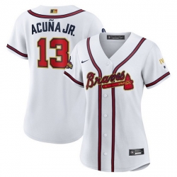 Women Atlanta Braves 13 Ronald Acuna Jr 2022 White Gold World Series Champions Program Stitched Jersey