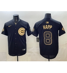 Men Chicago Cubs  8 lan Happ Black Gold 150th Anniversary Patch Stitched Baseball Jersey