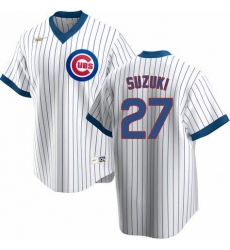 Mens Nike Chicago Cubs #27 Seiya Suzuki White Cooperstown Collection Road Stitched Baseball Jersey