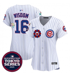 Women Chicago Cubs 16 Patrick Wisdom White 2025 Tokyo Series Limited Stitched Baseball Jersey