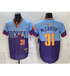 Men Colorado Rockies 31 Jake McCarthy Purple Light Blue 2025 City Connect Limited Stitched Baseball Jersey Men Colorado Rockies 31 Jake McCarthy Purple Light Blue 2025 City Connect Limited Stitched Baseball Jersey