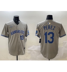 Men Kansas City Royals 13 Salvador Perez Grey 2024 Away Limited Stitched Baseball Jersey Men Kansas City Royals 13 Salvador Perez Grey 2024 Away Limited Stitched Baseball Jersey