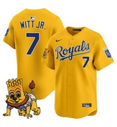 Men Kansas City Royals 7 Bobby Witt Jr  Gold Sluggerrr Patch Vapor Limited Stitched Baseball Jersey