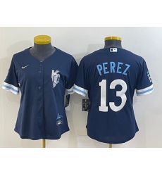 Women's Kansas City Royals #13 Salvador Perez 2022 Navy Blue City Connect Cool Base Stitched Jersey Women's Kansas City Royals #13 Salvador Perez 2022 Navy Blue City Connect Cool Base Stitched Jersey