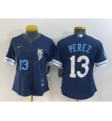 Women's Kansas City Royals #13 Salvador Perez Number 2022 Navy Blue City Connect Cool Base Stitched Jersey Women's Kansas City Royals #13 Salvador Perez Number 2022 Navy Blue City Connect Cool Base Stitched Jersey
