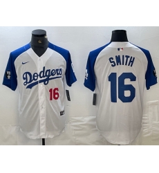 Men Los Angeles Dodgers 16 Will Smith White Blue Vin Patch Cool Base Stitched Baseball Jersey 15