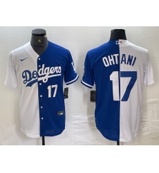 Men Los Angeles Dodgers 17 Shohei Ohtani White Blue Split Cool Base Stitched Baseball Jersey 1