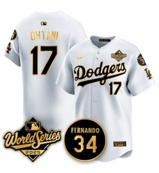Men Los Angeles Dodgers 17 Shohei Ohtani White Gold 2025 World Series With No 34 Patch Limited Stitched Baseball Jersey