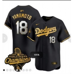 Men Los Angeles Dodgers 18  Yoshinobu Yamamoto Black 2025 World Series Champions Patch Cool Base Stitched Baseball Jersey