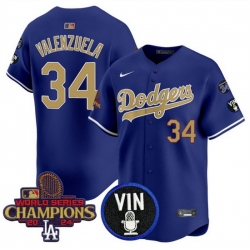 Men Los Angeles Dodgers 34 Fernando Valenzuela Royal Gold 2024 World Series Champions With Vin Scully  26 34 Fernando Patch Vapor Limited Stitched Baseball