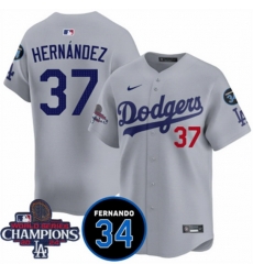 Men Los Angeles Dodgers 37 Teoscar Hernandez Gray 2024 World Series Champions With Fernando Memorial Patch Vapor Premier Limited Stitched Baseball Jersey Men Los Angeles Dodgers 37 Teoscar Hernandez Gray 2024 World Series Champions With Fernando Memorial Patch Vapor Premier Limited Stitched Baseball Jersey