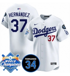 Men Los Angeles Dodgers 37 Teoscar Hernandez White 2024 World Champions  26 Fernando Memorial Patch Vapor Premier Home Limited Stitched Baseball Jersey