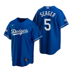 Men Los Angeles Dodgers 5 Corey Seager Royal 2020 World Series Champions Replica Jersey