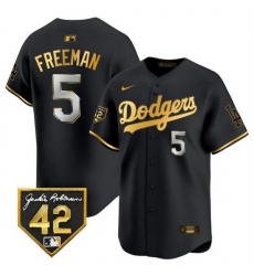 Men Los Angeles Dodgers 5 Freddie Freeman Black Gold With Jackie Robinson Patch Limited Stitched Baseball Jersey 925