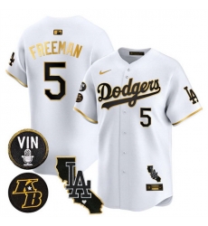 Men Los Angeles Dodgers 5 Freddie Freeman White Gold 2025 Vin  26 Kobe Patch V2 Vapor Limited Stitched Baseball Jersey