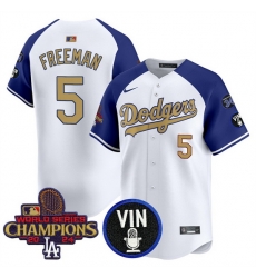 Men Los Angeles Dodgers 5 Freddie Freeman White Royal Gold 2024 World Series Champions With Vin Scully  26 34 Fernando Patch Vapor Limited Stitched Basebal