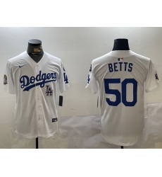 Men Los Angeles Dodgers 50 Mookie Betts White 2024 World Series With Fernando Memorial Patch Home Limited Stitched Baseball Jersey 6