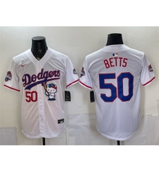 Men Los Angeles Dodgers  50 Mookie Betts White Hello Kitty Night 2025 World Series Champions Patch Stitched Baseball Jersey