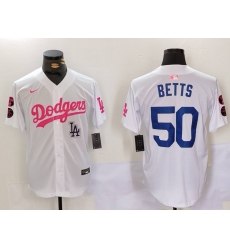 Men Los Angeles Dodgers 50 Mookie Betts White Pink Vin  26 Kobe Patch Stitched Baseball Jersey 3