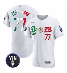 Men Los Angeles Dodgers 77 Pezo Pluma White Mexico Special Vin Scully Patch Flex Base Stitched Baseball Jersey