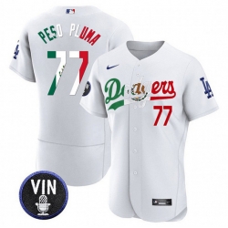 Men Los Angeles Dodgers 77 Pezo Pluma White Mexico Special Vin Scully Patch Flex Base Stitched Baseball Jersey