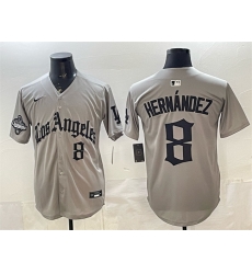 Men Los Angeles Dodgers 8 Enrique Hern E1ndez Grey LA Gothic Style With 2025 World Series Champions Patch Limited Stitched Baseball Jersey